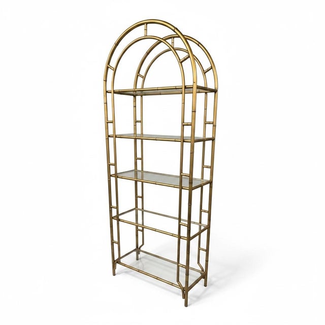 Gold Vintage Gilt Metal Faux Bamboo Curio Display Etagere With 5 Glass Shelves For Sale - Image 8 of 8