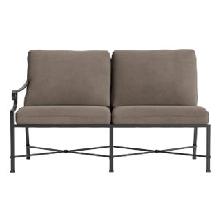 Brown Jordan Venetian Left Arm Loveseat, Textured Pewter frame with Fusion Taupe fabric For Sale