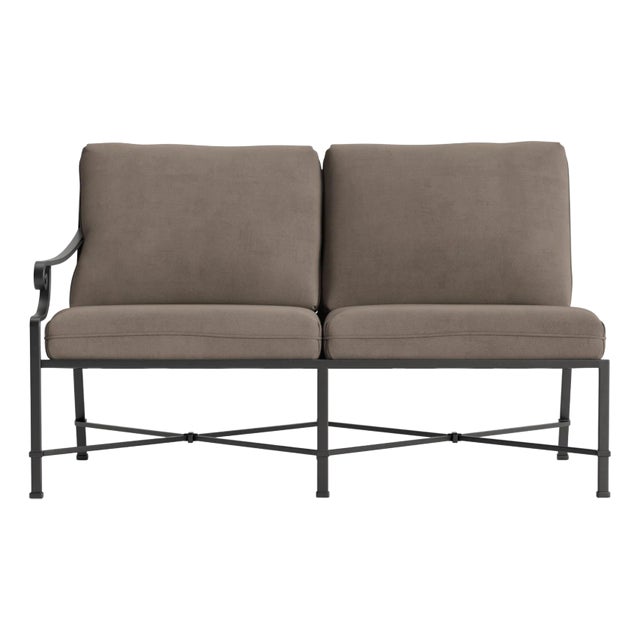 Brown Jordan Venetian Left Arm Loveseat, Textured Pewter frame with Fusion Taupe fabric For Sale