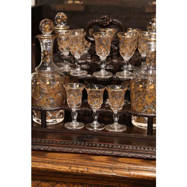 19th Century French Black Forest Walnut Cave À Liqueur With Gilt Crystal Service For Sale - Image 9 of 11
