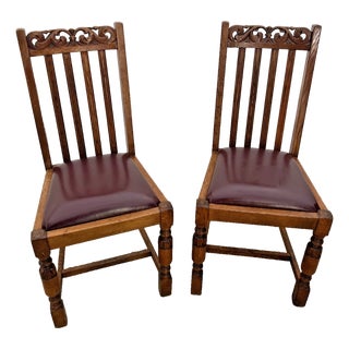 Antique Oak Side Chairs Set of Two Arts & Crafts Carved Spindle Back Vinyl Seats For Sale
