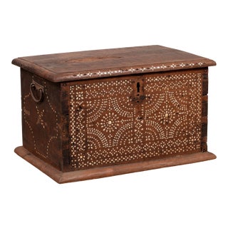 Midcentury Javanese Vintage Wooden Trunk with Mother of Pearl Geometric Inlay For Sale
