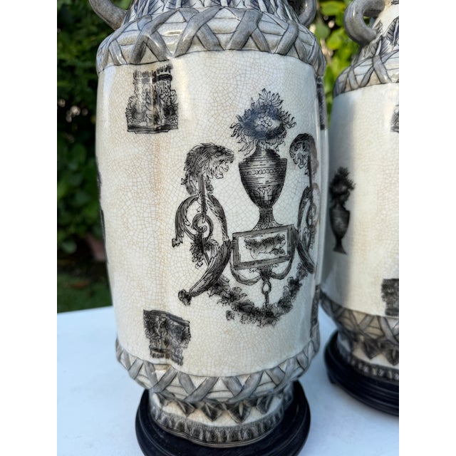 Vintage Oversized Crackle Glaze Art Pottery Urn Lamps, Pair For Sale - Image 4 of 11