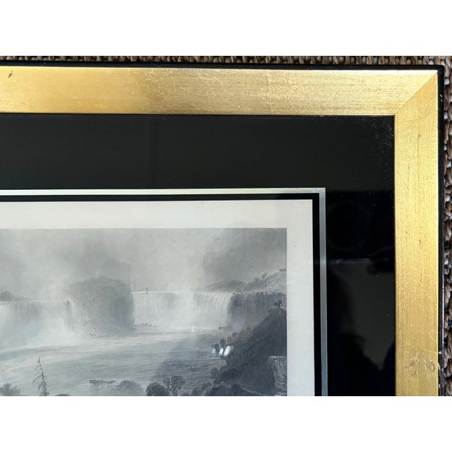 Wood 1840 Steel Engraving Titled Niagara Falls Near Clifton House in a Fab Gilt and Black Glass Frame For Sale - Image 7 of 8