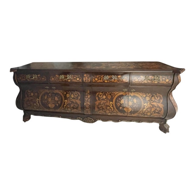 1960s Italian Marquetry Bombe Credenza With Ornate Inlay & Claw Feet For Sale