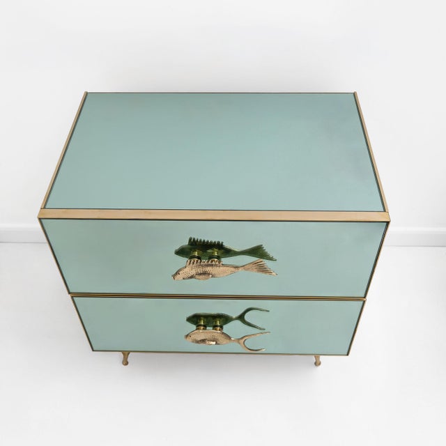 Aqua Mid-Century Modern Aqua Green Mirrored Glass Nightstands with Brass Fish Handle, 2000, Set of 2 For Sale - Image 8 of 10