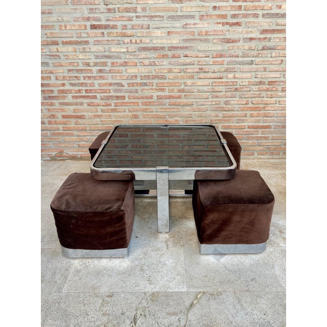 Mid 20th Century Square Smoked Glass and Steel Coffee or Side Table with Four Nesting Stools, 197 For Sale - Image 18 of 18