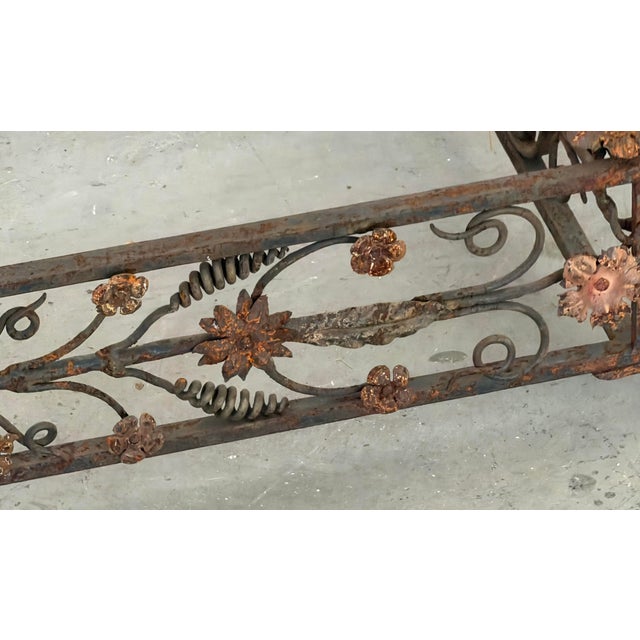 Antique Italian Hand-Forged Wrought Iron Fireplace Fender, 58” Wide, Floral Scroll & Fleur-De-Lis Architectural Hearth Guard For Sale - Image 10 of 12