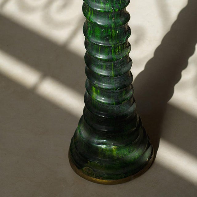 2020s Handmade Tamegroute Green Glazed Ceramic Candlestick With Brass Details For Sale - Image 5 of 6