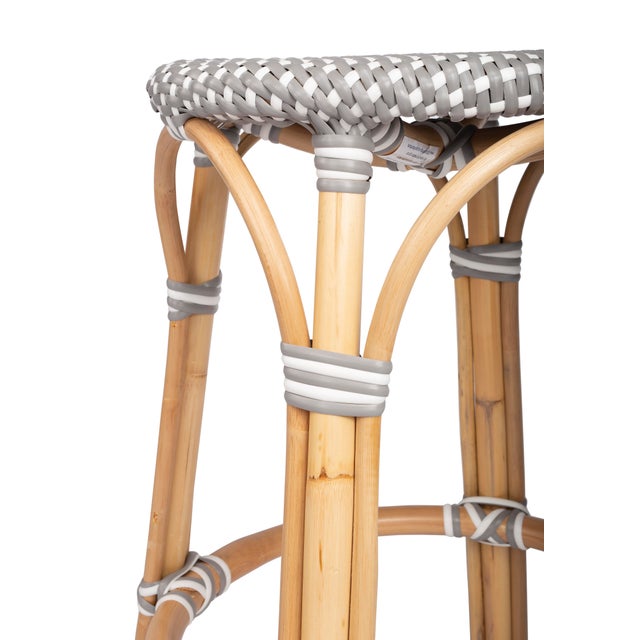 Tobias 24 in. Seat Height Round Rattan Backless Counter Stool, Gray/White Dot / Natural Rattan Frame For Sale In Chicago - Image 6 of 8