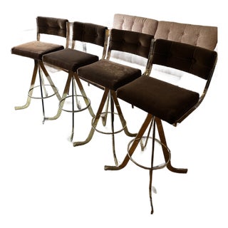 Four 1970s Brown Velvet Barstools For Sale