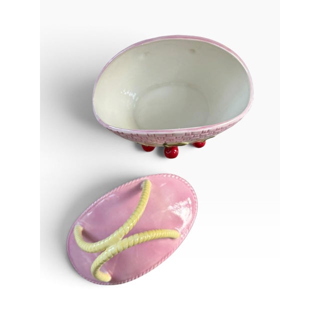 Late 20th Century Vintage Pink Woven Basket Cherry Cookie Jar With Yellow Handle For Sale - Image 5 of 6