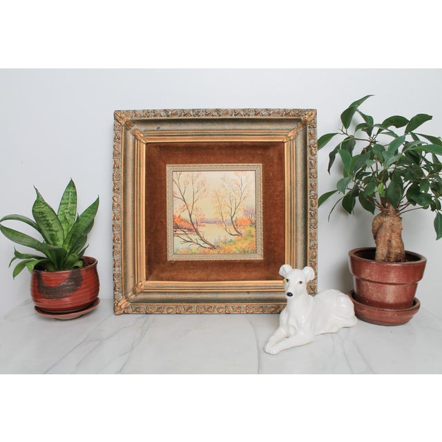 Antique framed landscape painting on tile. Signed bottom right. Tile is marked "Boizenburg". Some age wear, chips to...