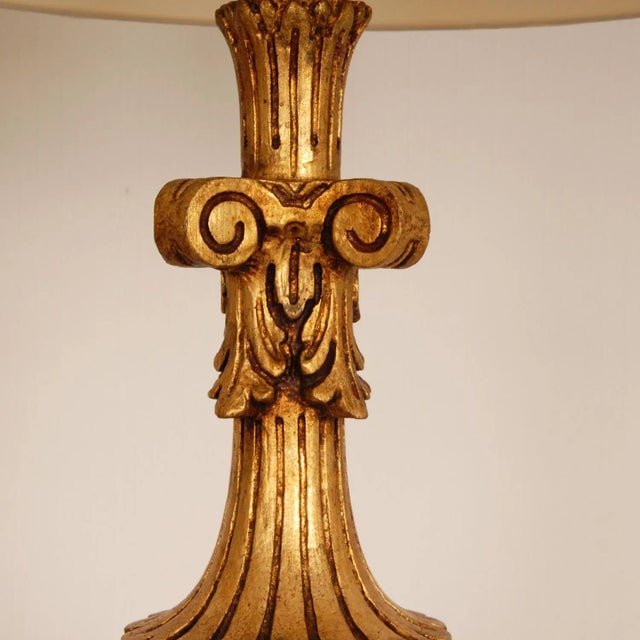 Gold Italian Lamps XL Carved Giltwood Gold Neoclassical Urn Vases Table Lamps - A Pair For Sale - Image 8 of 12