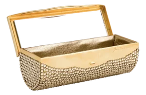 90s Judith Leiber Lipstick Case Holder Mirror Champagne Gold Crystal Handbag Accessory Vintage in Box