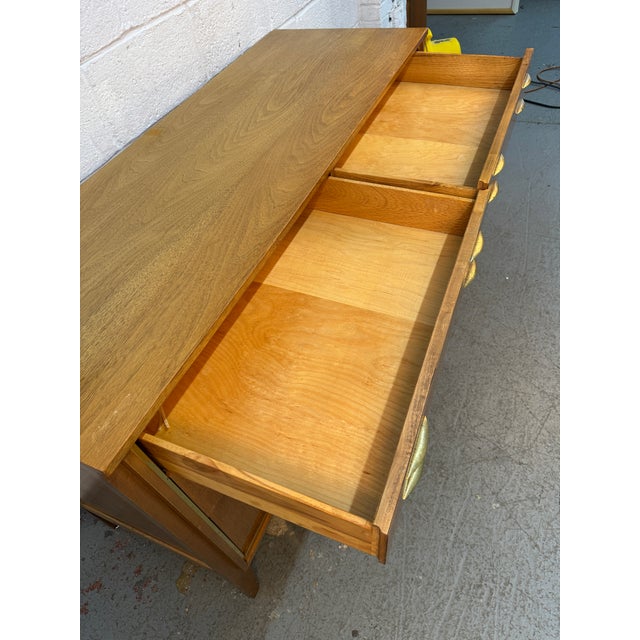 Mid-Century Six Drawer Walnut & Brass Lowboy Dresser by West Michigan Furniture Co. Attributed For Sale - Image 10 of 17