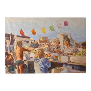 Large 1980's Southern California Coastal Market Scene Painting For Sale