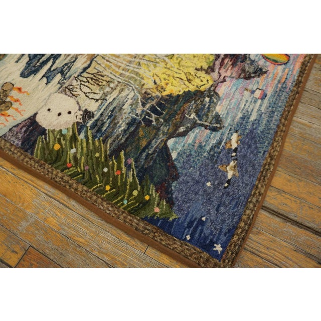Blue 1940s Multicolor Scenic Winter Folk Art American Hooked Rug 3'2" X 3'10" Handknotted Wool Carpet For Sale - Image 8 of 10