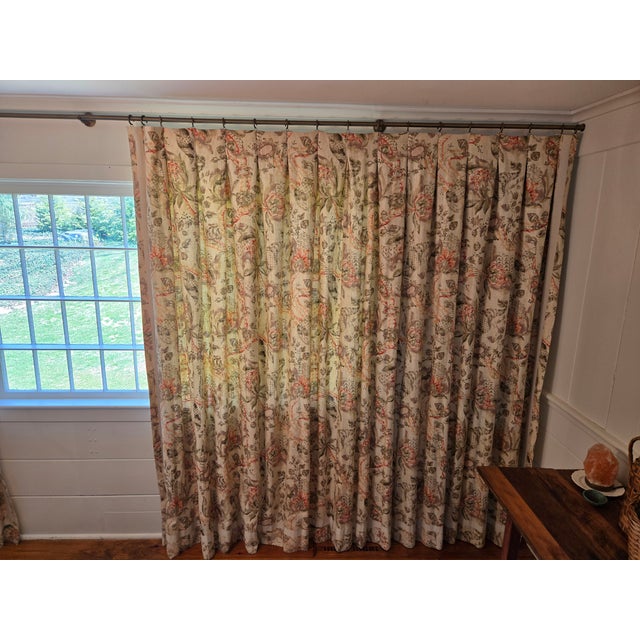 Quality custom made panels in a classic Lee Jofa linen fabric. Drapes are lined and have an accent decorative tape inset...