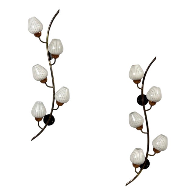 1940s Mid-Century Modern, Astra, Monumental Floral Sconces, Copper, Brass, Glass - a Pair For Sale