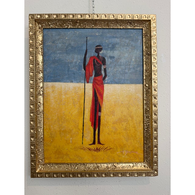 African Tribal Figure Oil Painting Textured Modern Ethnic Wall Art Framed Safari Style Decor 24x18 Canvas For Sale - Image 10 of 12