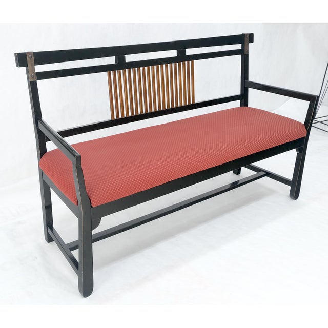Vintage Black Lacquer Red Upholstery Bench w/ Arms Slotted Back MINT For Sale - Image 11 of 11
