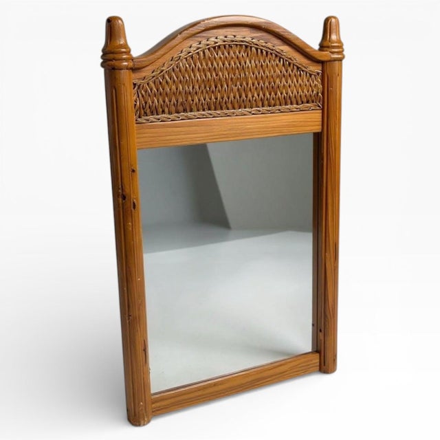 Large Antique English Rustic Pine Farmhouse Wall Mirror with Arched Wicker Panel For Sale - Image 10 of 10