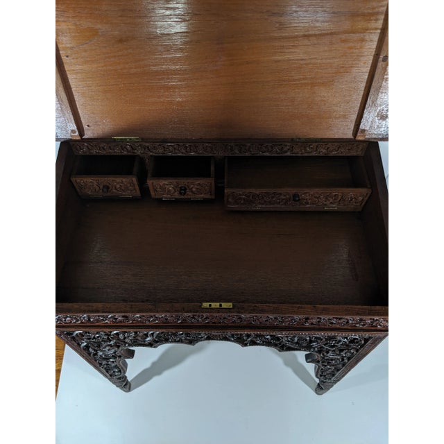 English 19th Century Antique Anglo-Indian Hand Carved Writing Table For Sale - Image 3 of 11