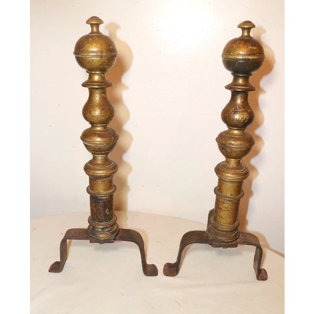 Metal Share Large Pair 18th Century Turned Peened Brass Wrought Iron Fireplace Andirons For Sale - Image 7 of 12