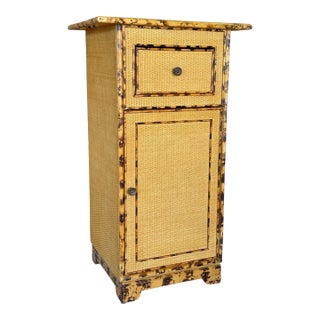 Vintage British Colonial Tortoise Rattan Cabinet With Drawer For Sale