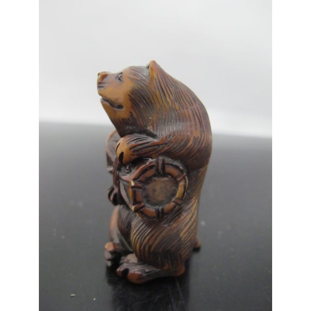 Japanese Antique Japanese Carved Wood Badger or Bear With Barrel Netsuke Figurine For Sale - Image 3 of 8