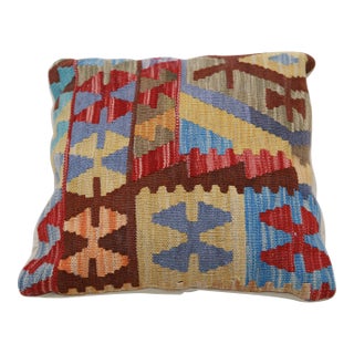 Arteverk Handwoven Afghan Kilim Pillow — Red & Blue Geometric Patchwork For Sale
