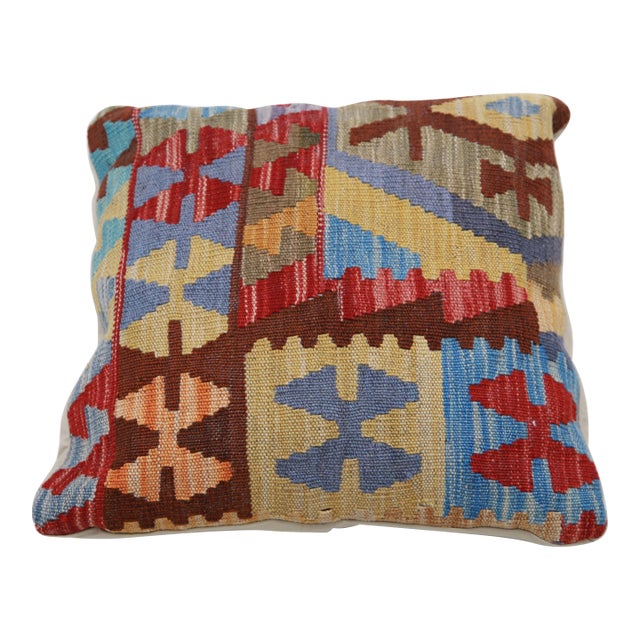 Arteverk Handwoven Afghan Kilim Pillow — Red & Blue Geometric Patchwork For Sale