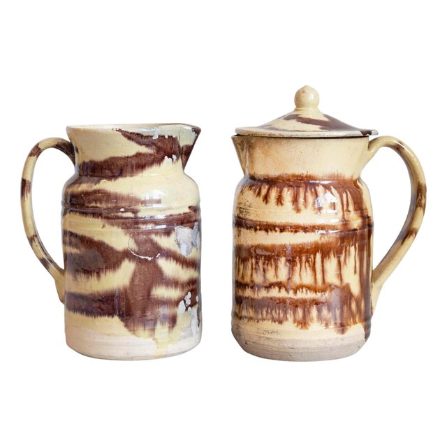 19th Century French Pottery Pitcher with Cream and Brown Glaze with Dripping For Sale