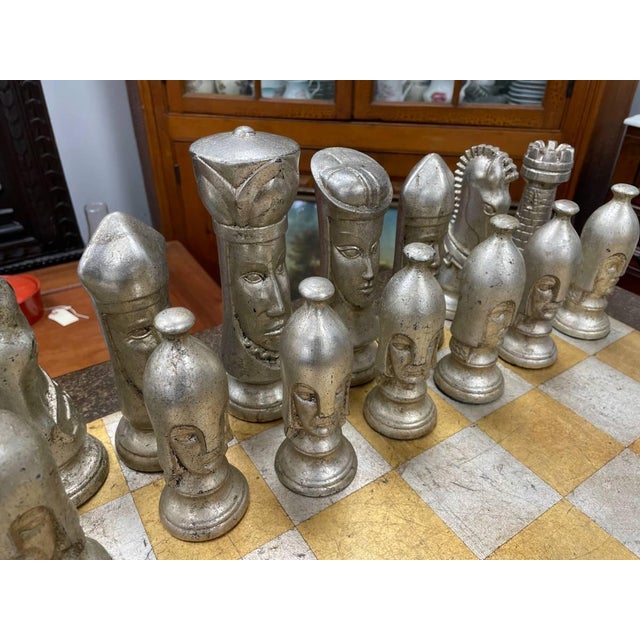 Wood Vintage Style Chess Board Game Table, With 32 Matching Pieces, Silver Leaf + Gold Leaf For Sale - Image 7 of 9