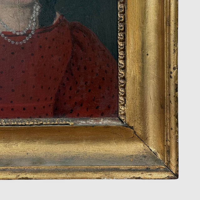 Red 19th Century Danish Folk Art Portrait of Young Girl in Red Dress With Pearl Necklace (Oil on Board) For Sale - Image 8 of 12