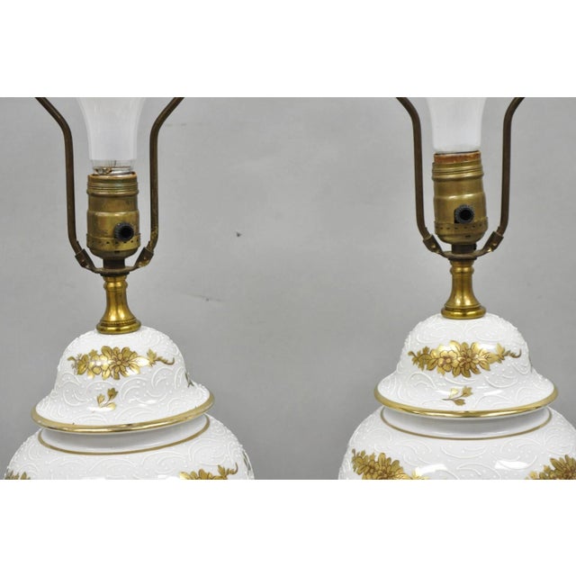 Vintage French Louis XV White Porcelain Ginger Jar Gold Flower Table Lamps Pair For Sale - Image 9 of 16
