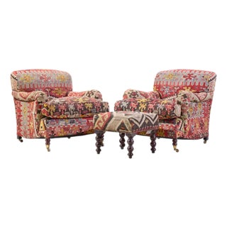 George Smith Kilim Lounge Chairs - Pair With Ottoman For Sale