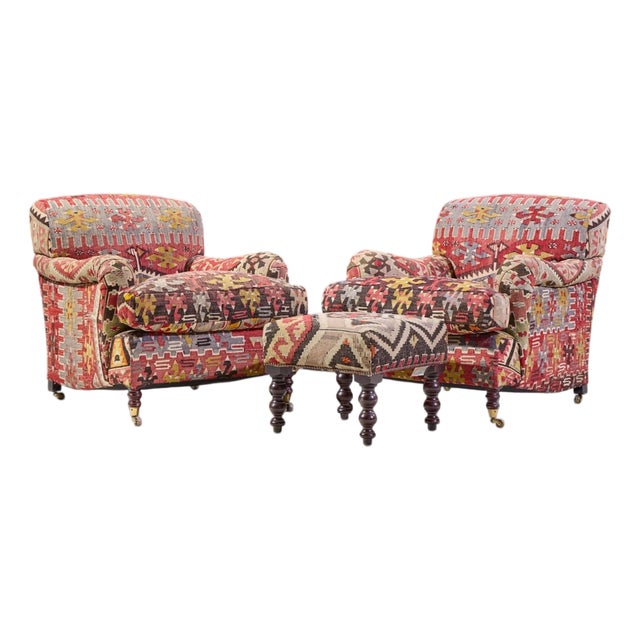 George Smith Kilim Lounge Chairs - Pair With Ottoman For Sale