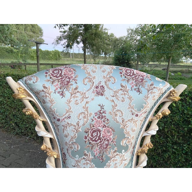 1970 Louis XVI White Beech Turquoise Lounge Chairs-Pair For Sale - Image 11 of 12