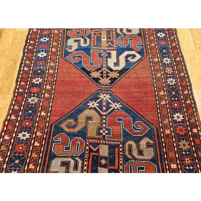 Antique Cloudband Kazak Area Rug, Hand-Knotted Wool, Geometric Design, Red & Blue, 5' x 8' For Sale - Image 9 of 15