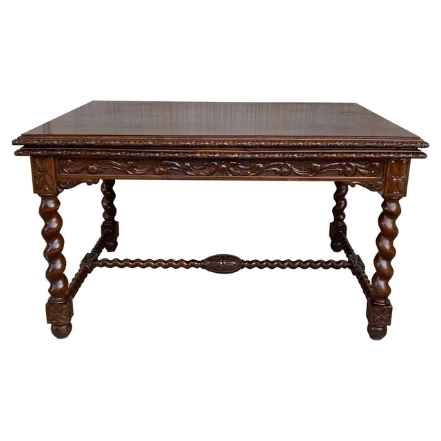 19th Spanish Baroque Walnut Solomonic Legs Extendable Table With Carved Frame For Sale - Image 13 of 13