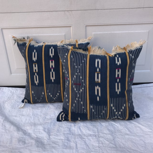 African Handwoven Indigo Striped Ikat Fringed Pillows Pair Chairish