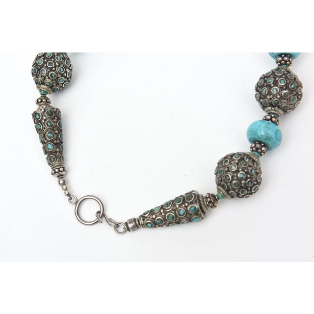 2000 - 2009 Turquoise and Silver Blackened Metal Necklace With Circular Pendant and Toggle Bracelet Indian Style Set Of For Sale - Image 5 of 8