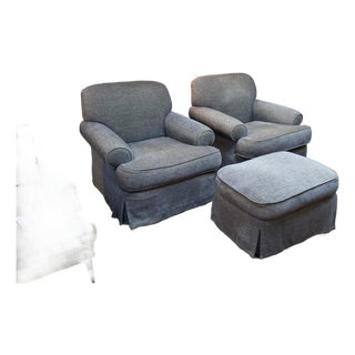 Custom Design Roll Arm Chairs + Ottoman, Set of Three For Sale