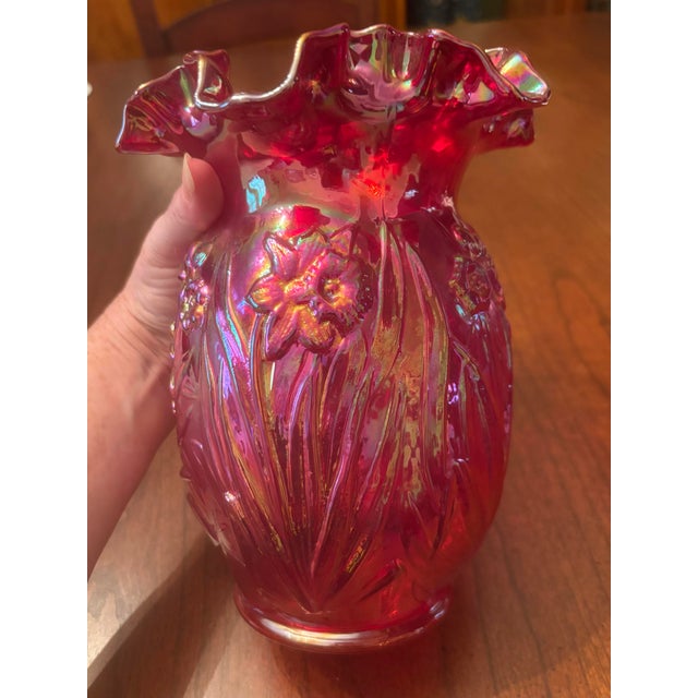 Fenton Iridescent Red Cranberry Daffodil Vase For Sale - Image 9 of 10
