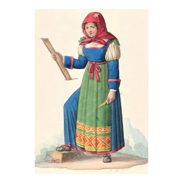 Woman in Costume - Original Ink Watercolor by M. De Vito - Early 1800 Early 19th Century For Sale