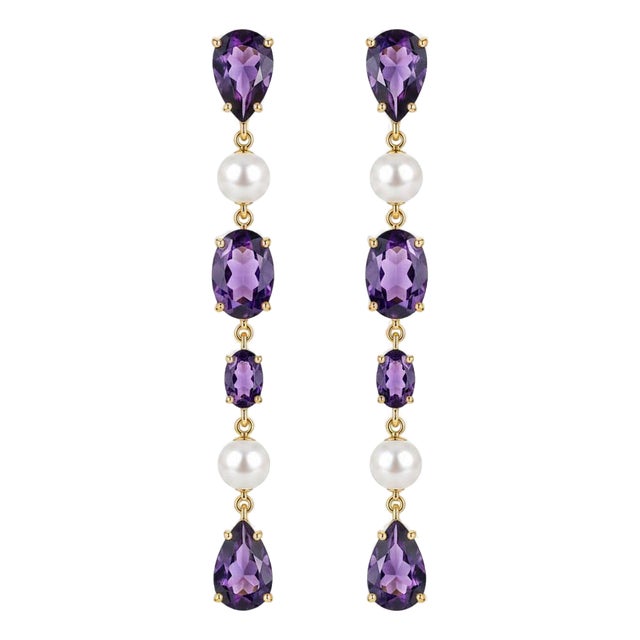 Amethyst & Pearl Drop Multi-Shape Earrings, Silver, Gold, Pair For Sale