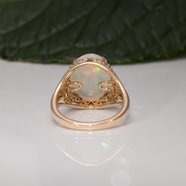 White 5.6Ct Ethiopian Opal Ring With Natural Diamond Accents: Solid 14k Gold, 13x11mm For Sale - Image 8 of 9