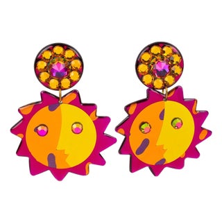 Vintage Dangling Clip-on Earrings Playful Multicolor Sun For Sale